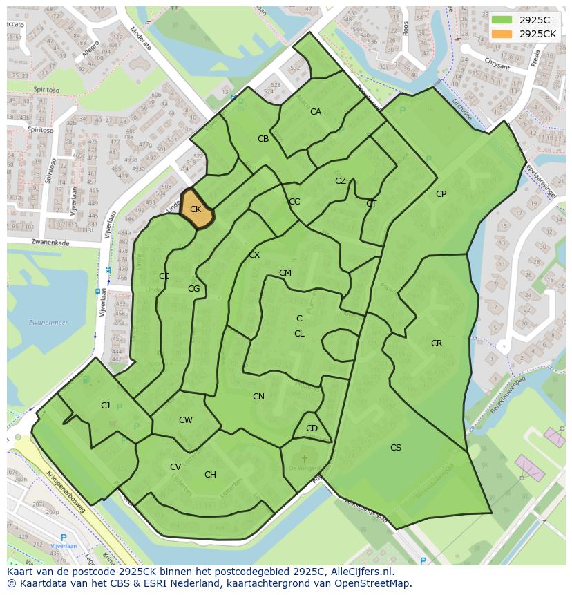 Afbeelding van het postcodegebied 2925 CK op de kaart.