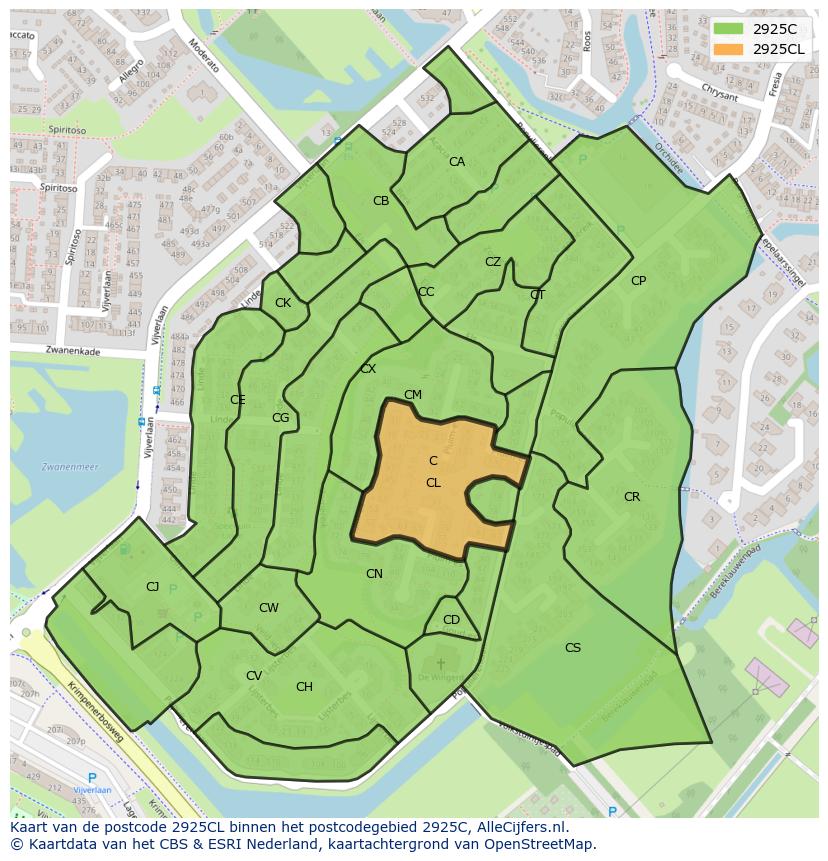 Afbeelding van het postcodegebied 2925 CL op de kaart.
