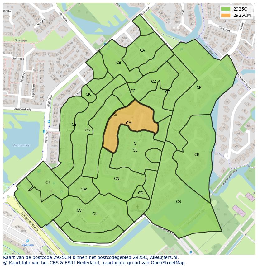 Afbeelding van het postcodegebied 2925 CM op de kaart.