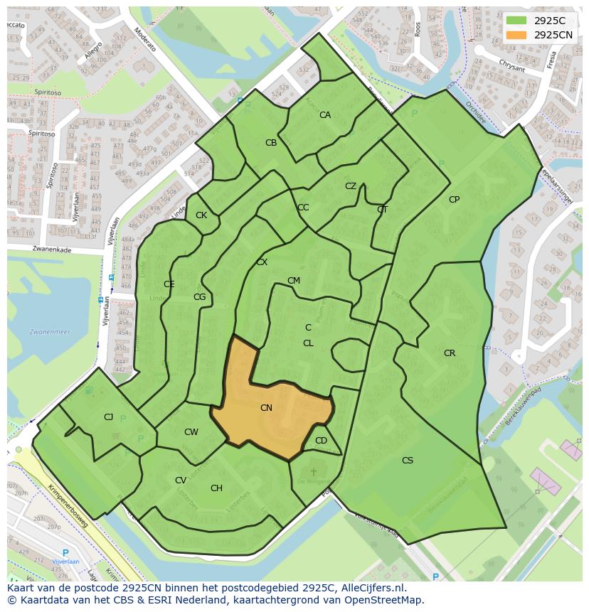 Afbeelding van het postcodegebied 2925 CN op de kaart.