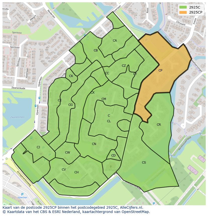 Afbeelding van het postcodegebied 2925 CP op de kaart.