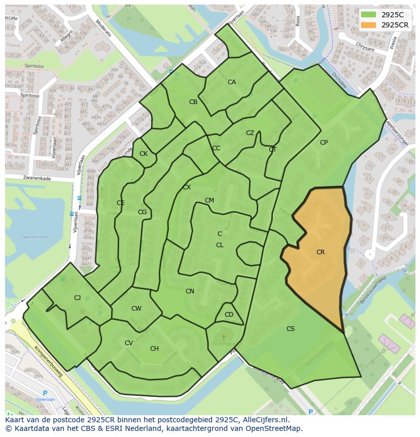 Afbeelding van het postcodegebied 2925 CR op de kaart.