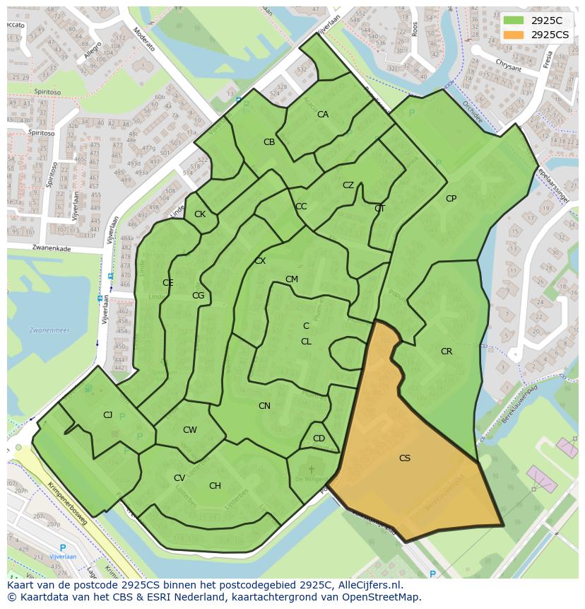 Afbeelding van het postcodegebied 2925 CS op de kaart.