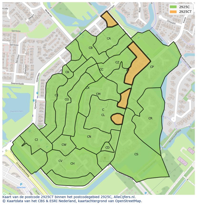 Afbeelding van het postcodegebied 2925 CT op de kaart.