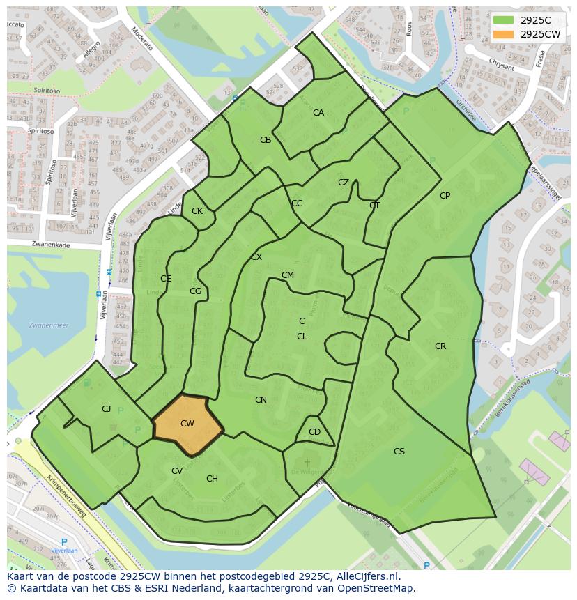 Afbeelding van het postcodegebied 2925 CW op de kaart.