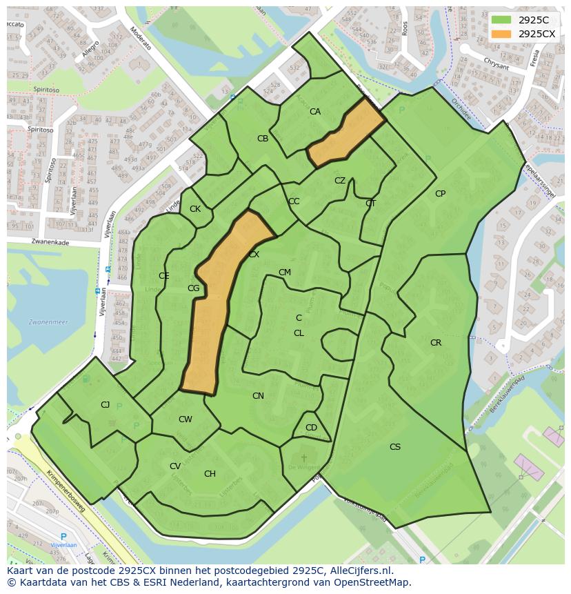 Afbeelding van het postcodegebied 2925 CX op de kaart.