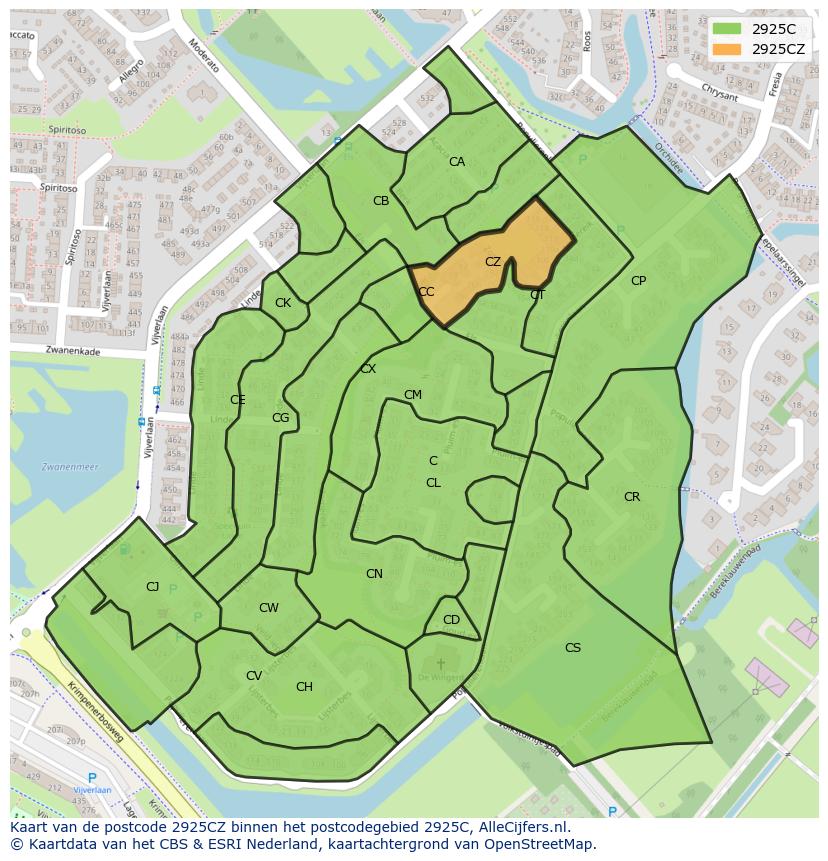 Afbeelding van het postcodegebied 2925 CZ op de kaart.