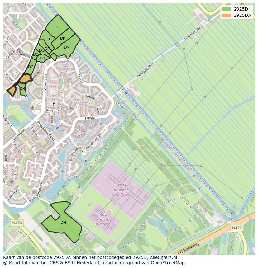 Afbeelding van het postcodegebied 2925 DA op de kaart.