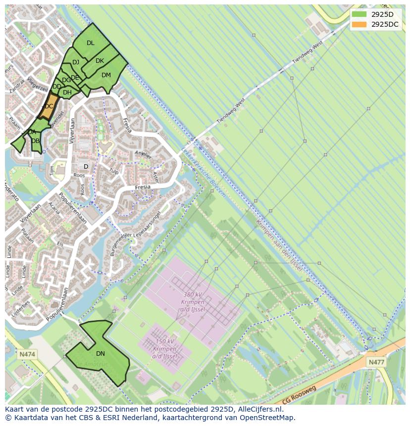 Afbeelding van het postcodegebied 2925 DC op de kaart.