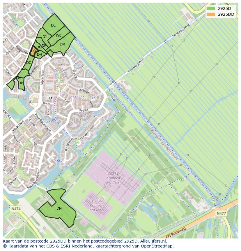 Afbeelding van het postcodegebied 2925 DD op de kaart.