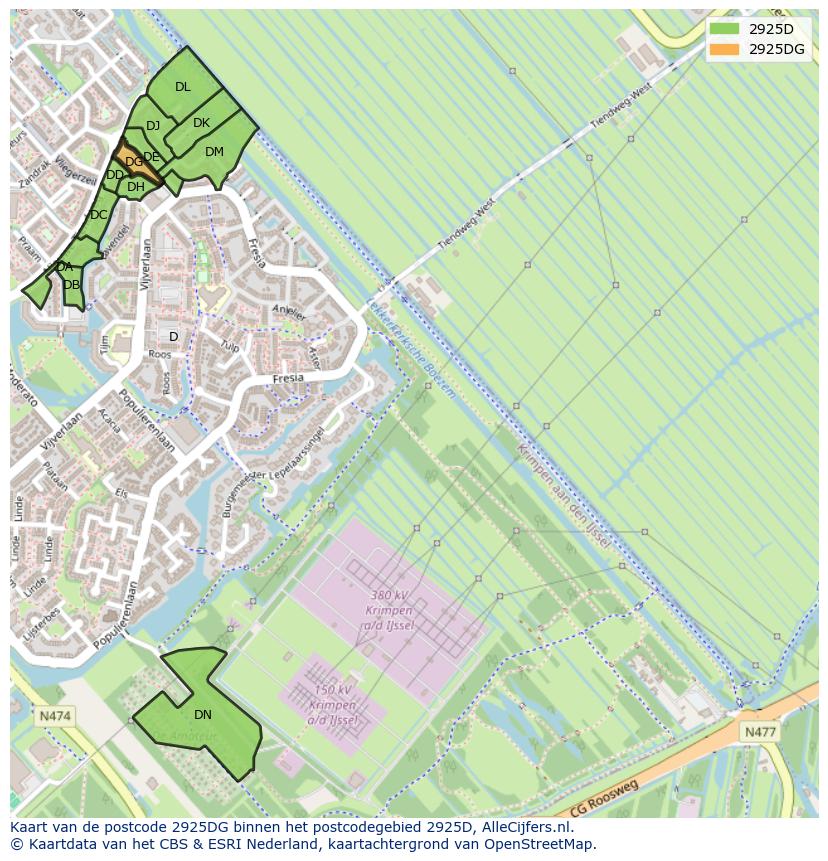 Afbeelding van het postcodegebied 2925 DG op de kaart.