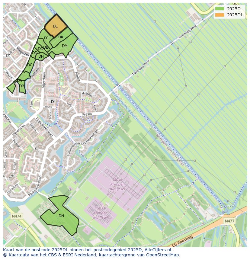 Afbeelding van het postcodegebied 2925 DL op de kaart.