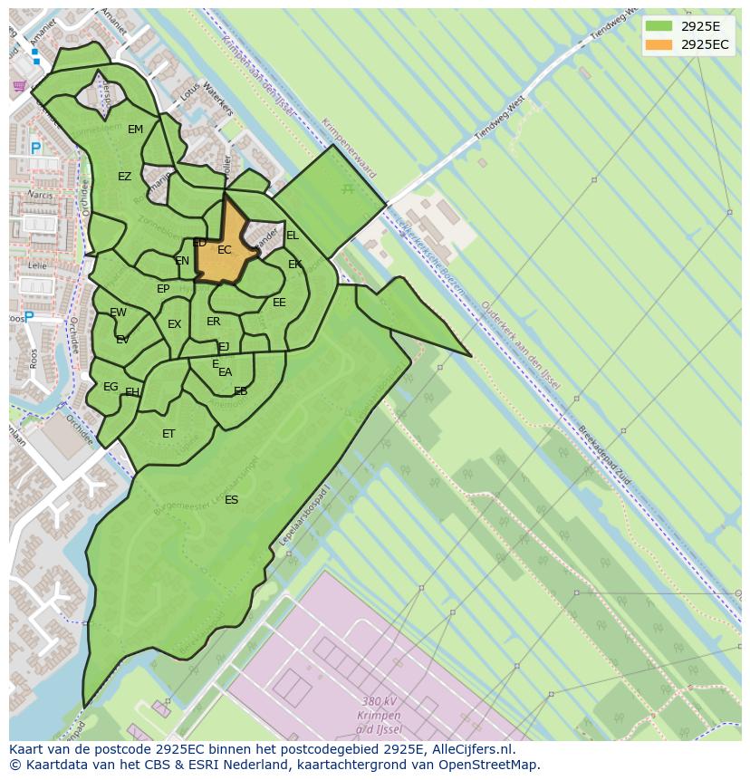 Afbeelding van het postcodegebied 2925 EC op de kaart.