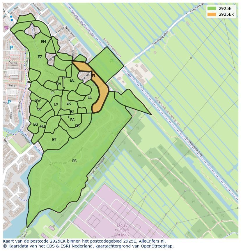 Afbeelding van het postcodegebied 2925 EK op de kaart.