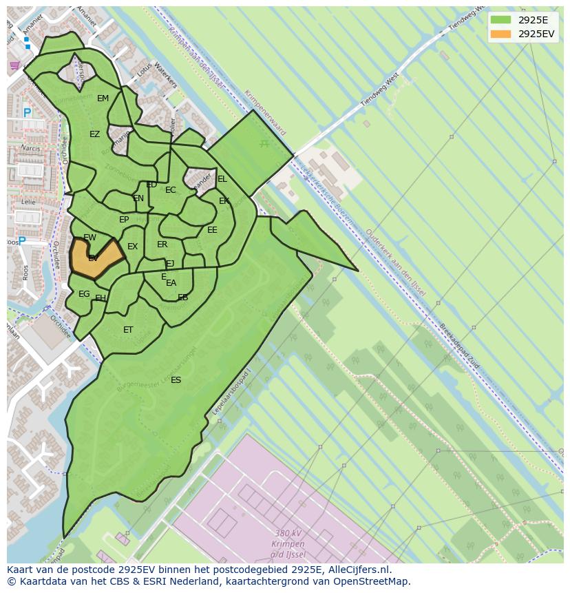 Afbeelding van het postcodegebied 2925 EV op de kaart.