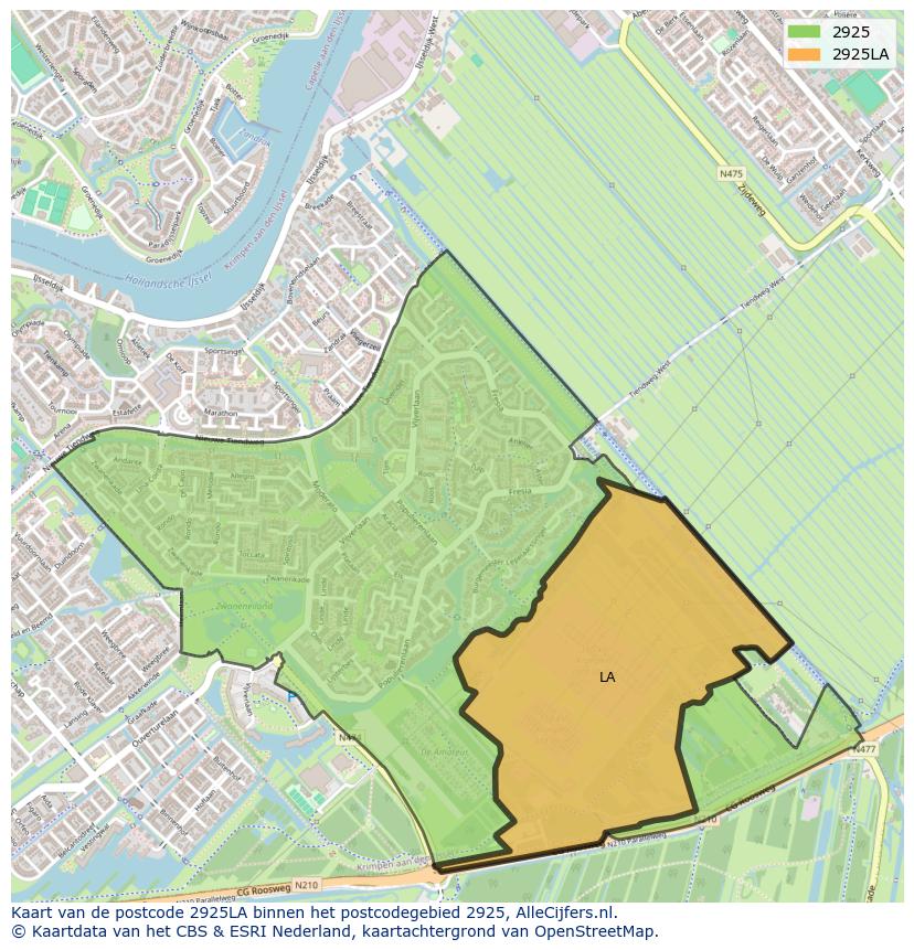 Afbeelding van het postcodegebied 2925 LA op de kaart.