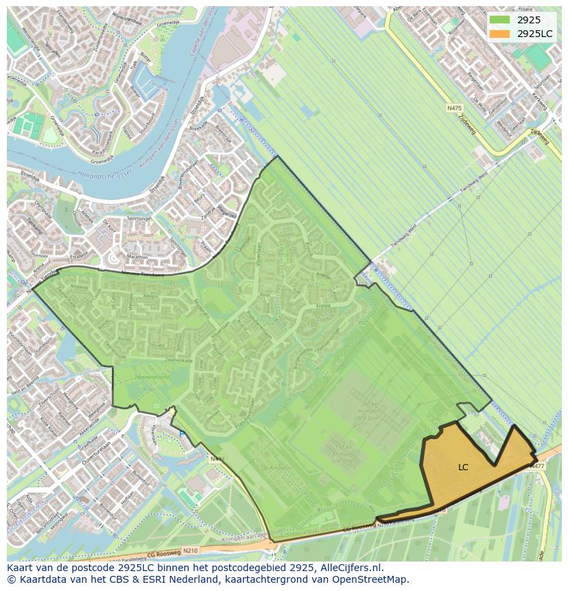 Afbeelding van het postcodegebied 2925 LC op de kaart.