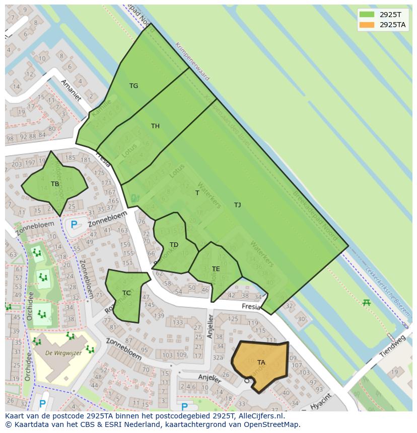 Afbeelding van het postcodegebied 2925 TA op de kaart.