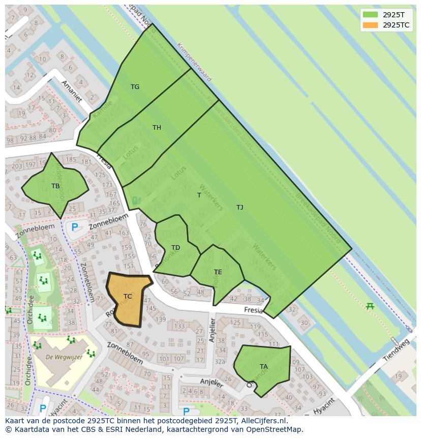 Afbeelding van het postcodegebied 2925 TC op de kaart.