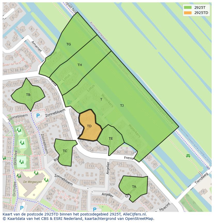 Afbeelding van het postcodegebied 2925 TD op de kaart.