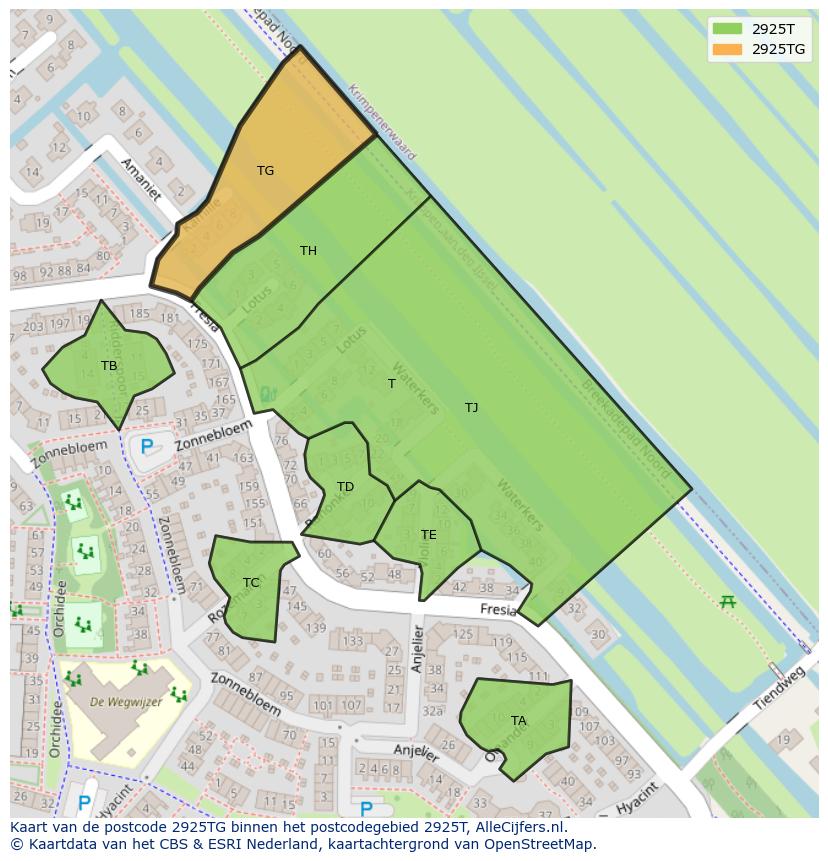 Afbeelding van het postcodegebied 2925 TG op de kaart.