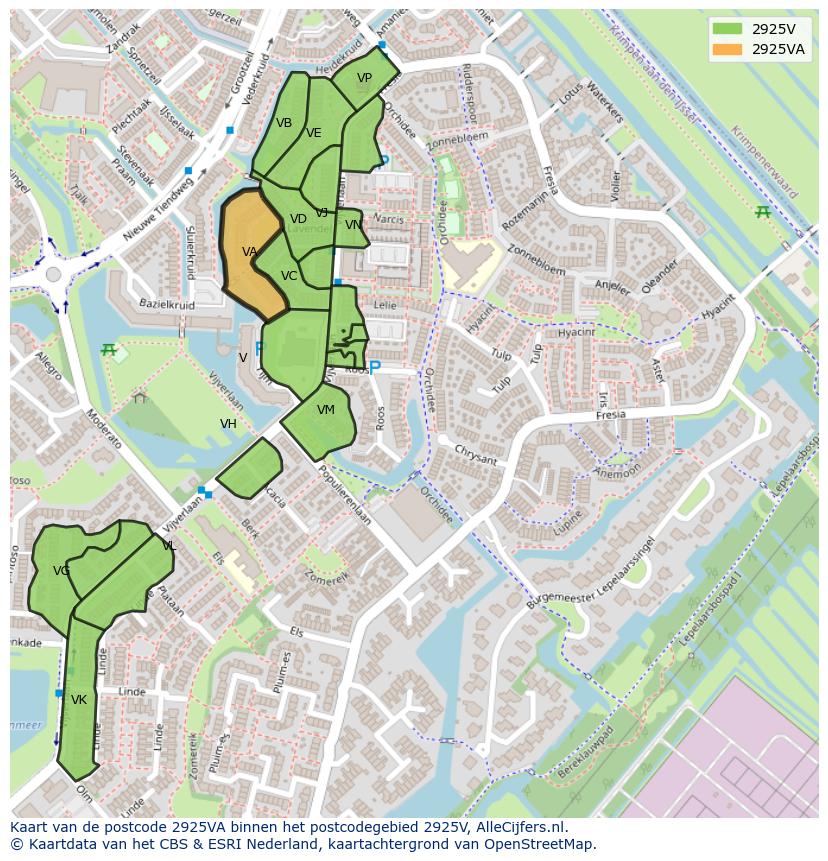 Afbeelding van het postcodegebied 2925 VA op de kaart.