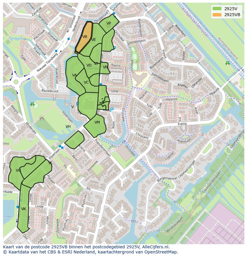 Afbeelding van het postcodegebied 2925 VB op de kaart.