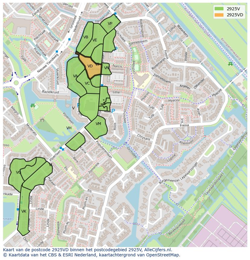 Afbeelding van het postcodegebied 2925 VD op de kaart.