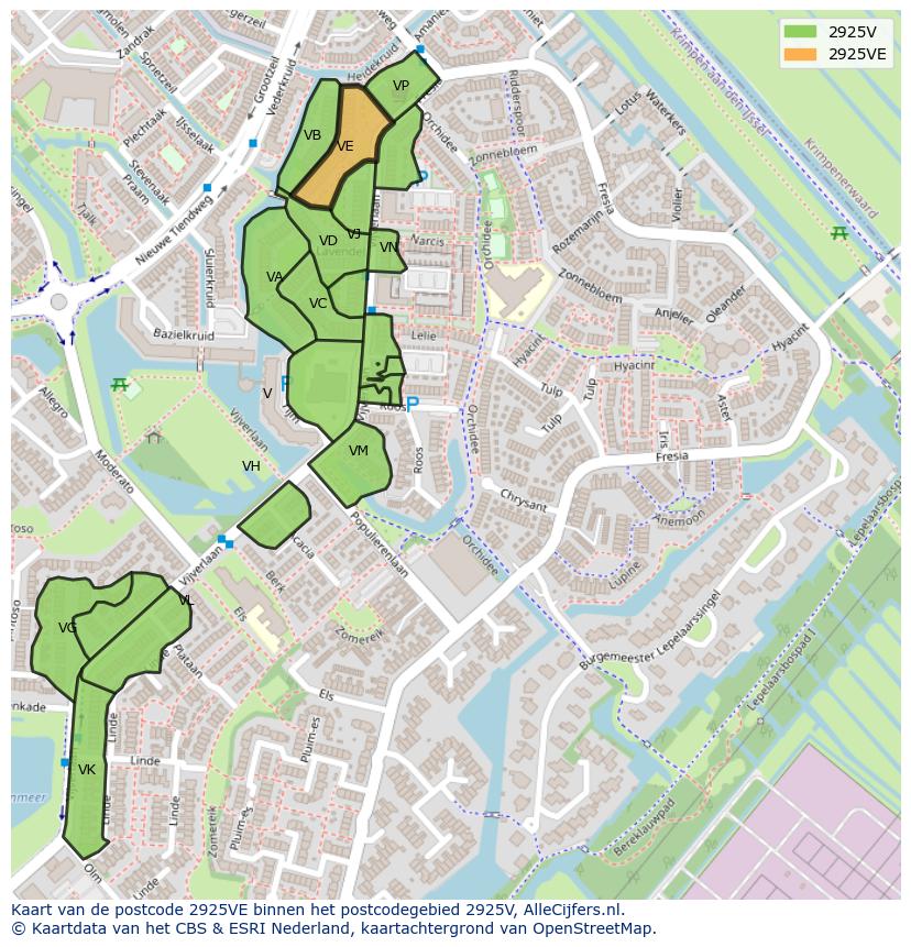 Afbeelding van het postcodegebied 2925 VE op de kaart.