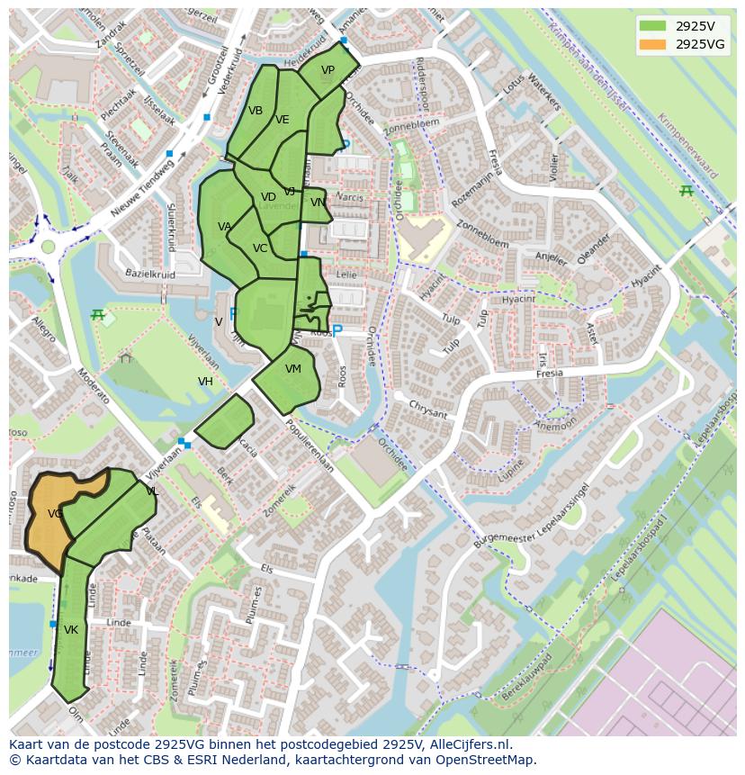 Afbeelding van het postcodegebied 2925 VG op de kaart.