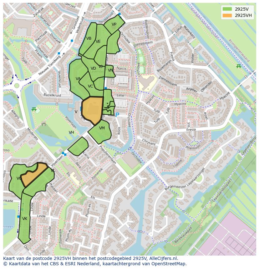 Afbeelding van het postcodegebied 2925 VH op de kaart.