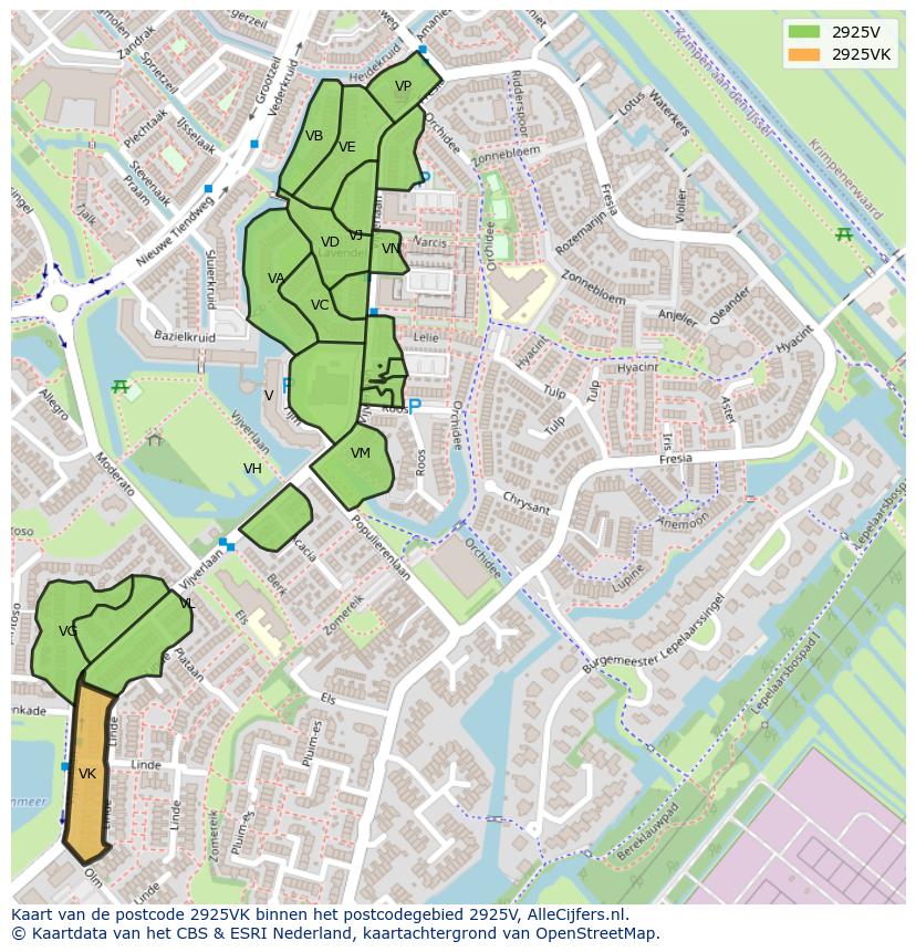Afbeelding van het postcodegebied 2925 VK op de kaart.