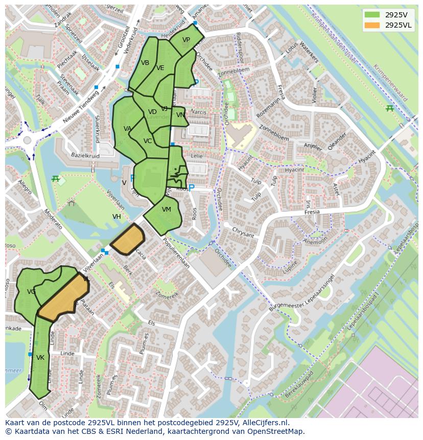 Afbeelding van het postcodegebied 2925 VL op de kaart.
