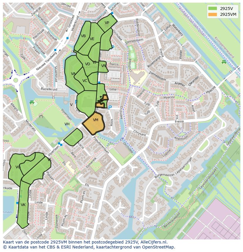 Afbeelding van het postcodegebied 2925 VM op de kaart.