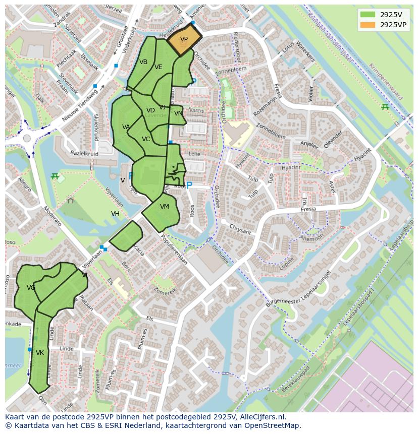 Afbeelding van het postcodegebied 2925 VP op de kaart.