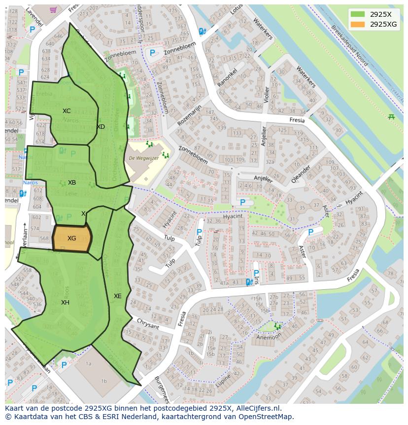 Afbeelding van het postcodegebied 2925 XG op de kaart.