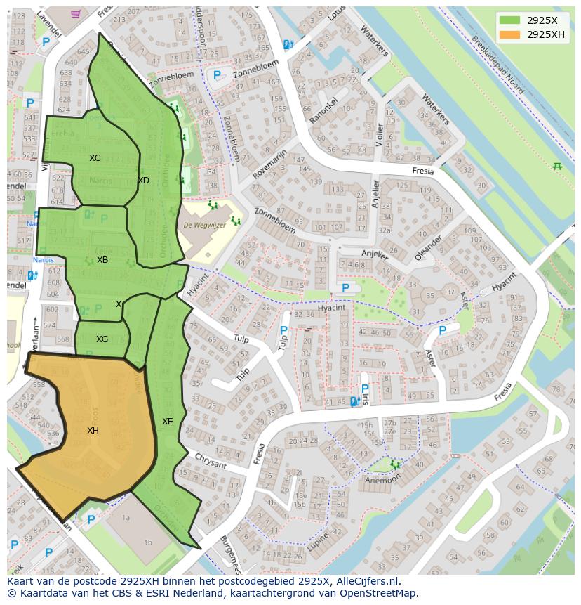 Afbeelding van het postcodegebied 2925 XH op de kaart.
