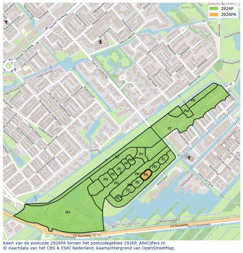 Afbeelding van het postcodegebied 2926 PA op de kaart.