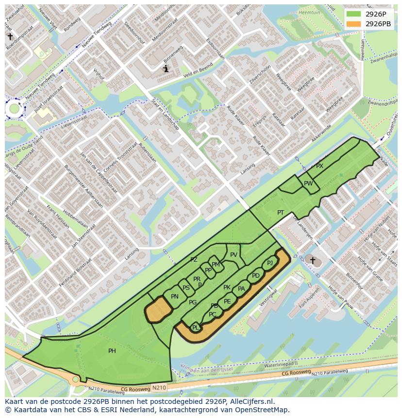 Afbeelding van het postcodegebied 2926 PB op de kaart.