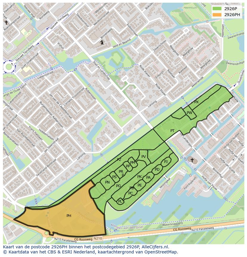 Afbeelding van het postcodegebied 2926 PH op de kaart.