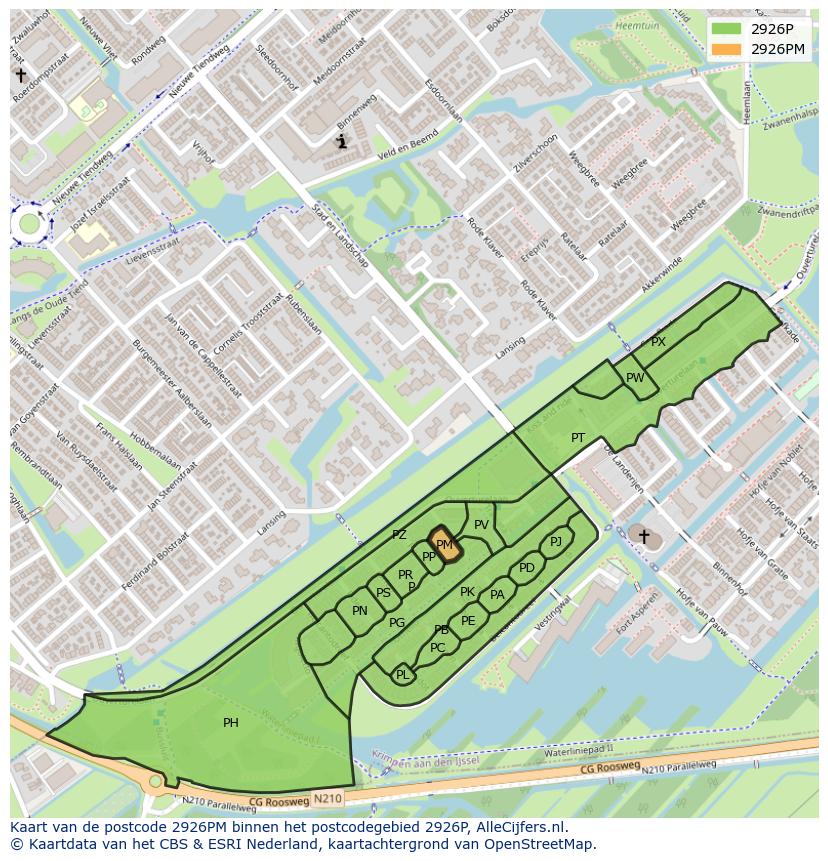 Afbeelding van het postcodegebied 2926 PM op de kaart.