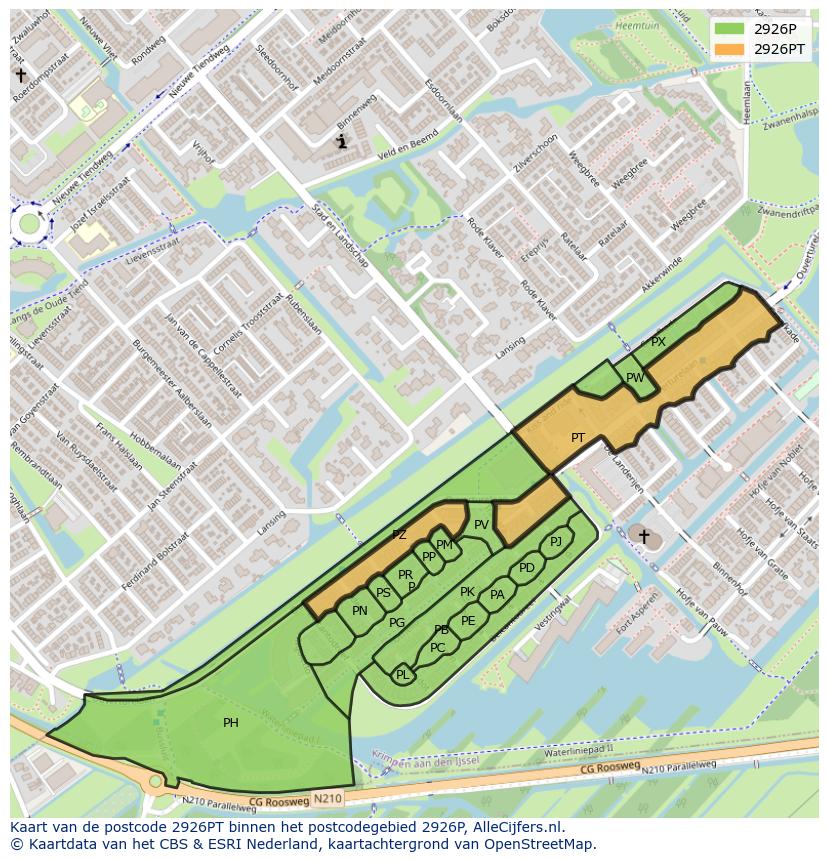 Afbeelding van het postcodegebied 2926 PT op de kaart.