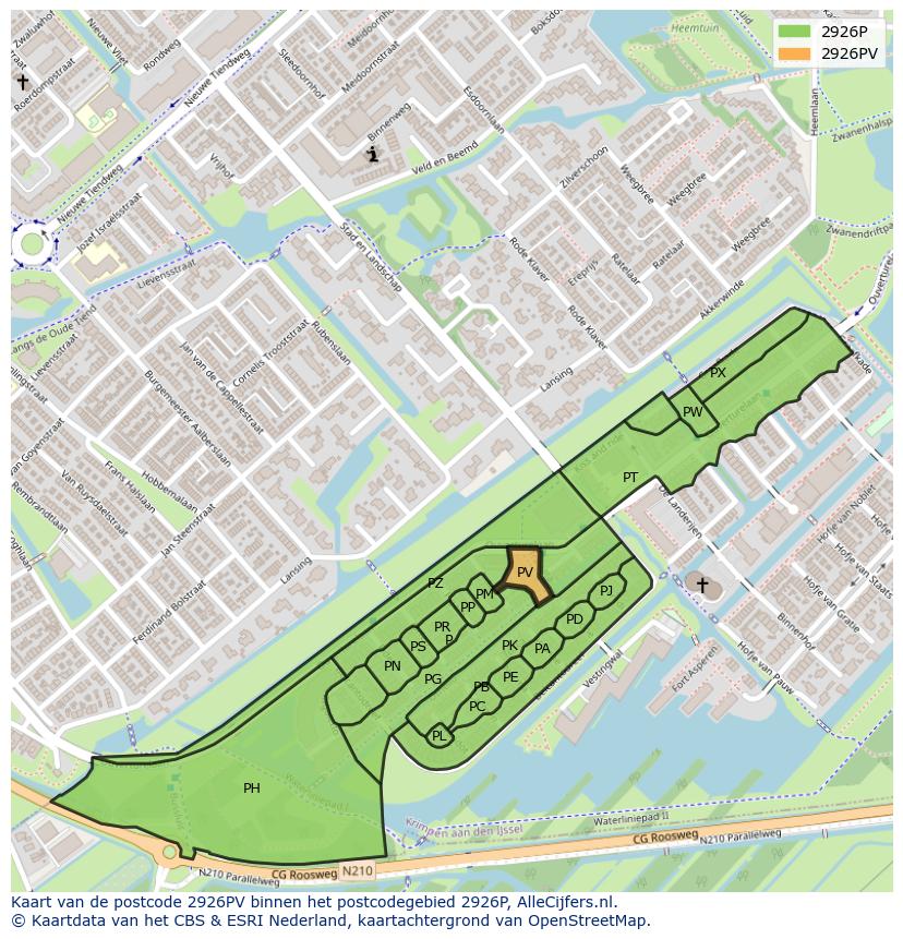Afbeelding van het postcodegebied 2926 PV op de kaart.