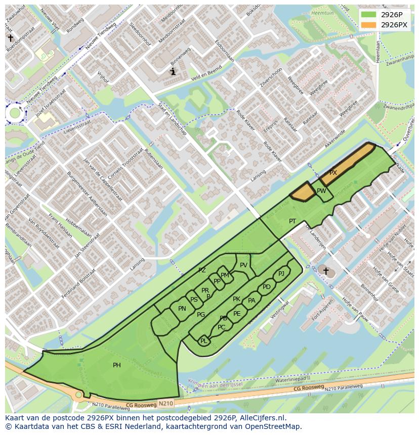 Afbeelding van het postcodegebied 2926 PX op de kaart.