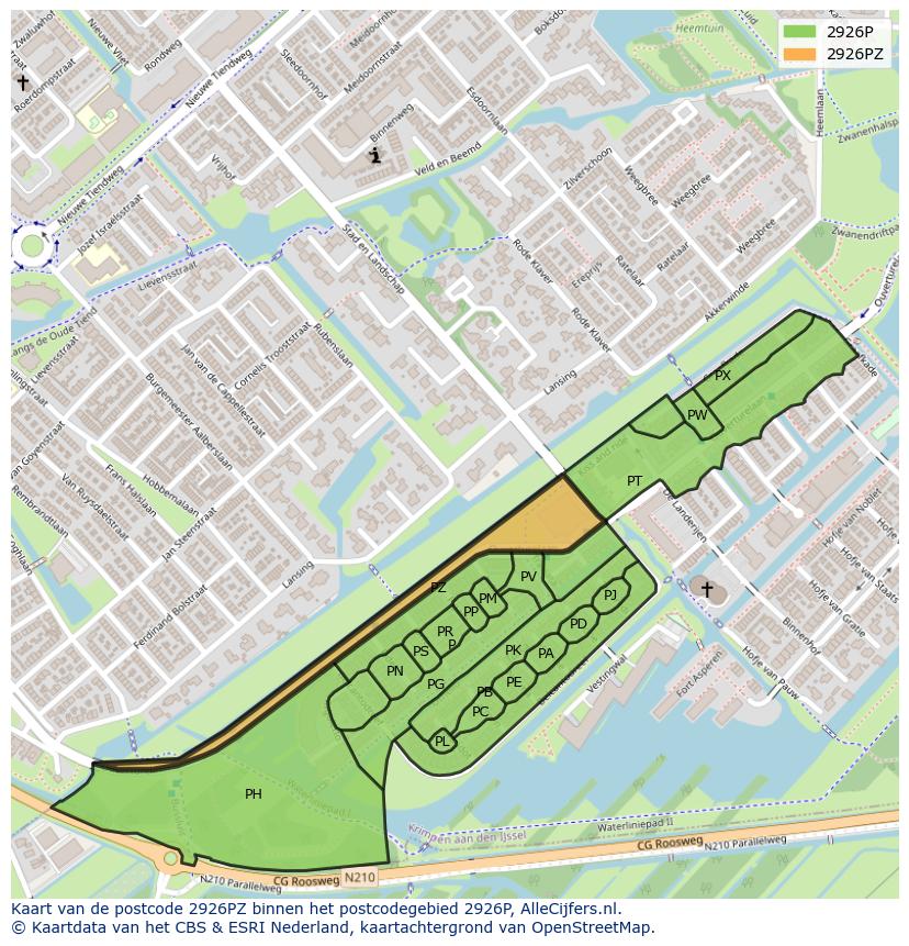 Afbeelding van het postcodegebied 2926 PZ op de kaart.