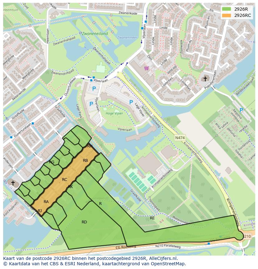 Afbeelding van het postcodegebied 2926 RC op de kaart.