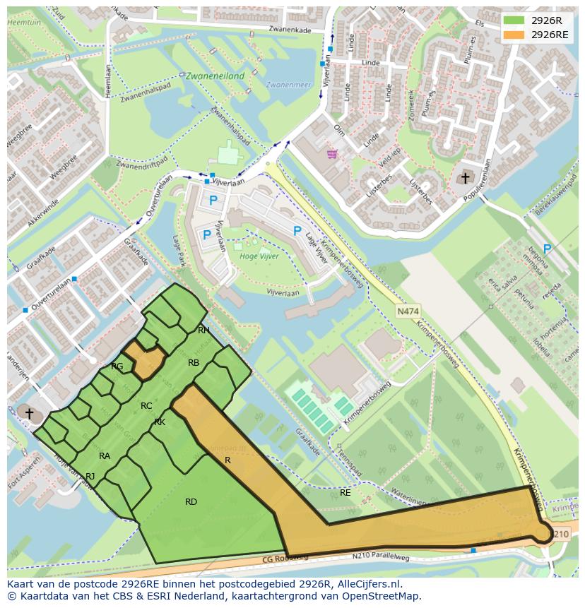 Afbeelding van het postcodegebied 2926 RE op de kaart.