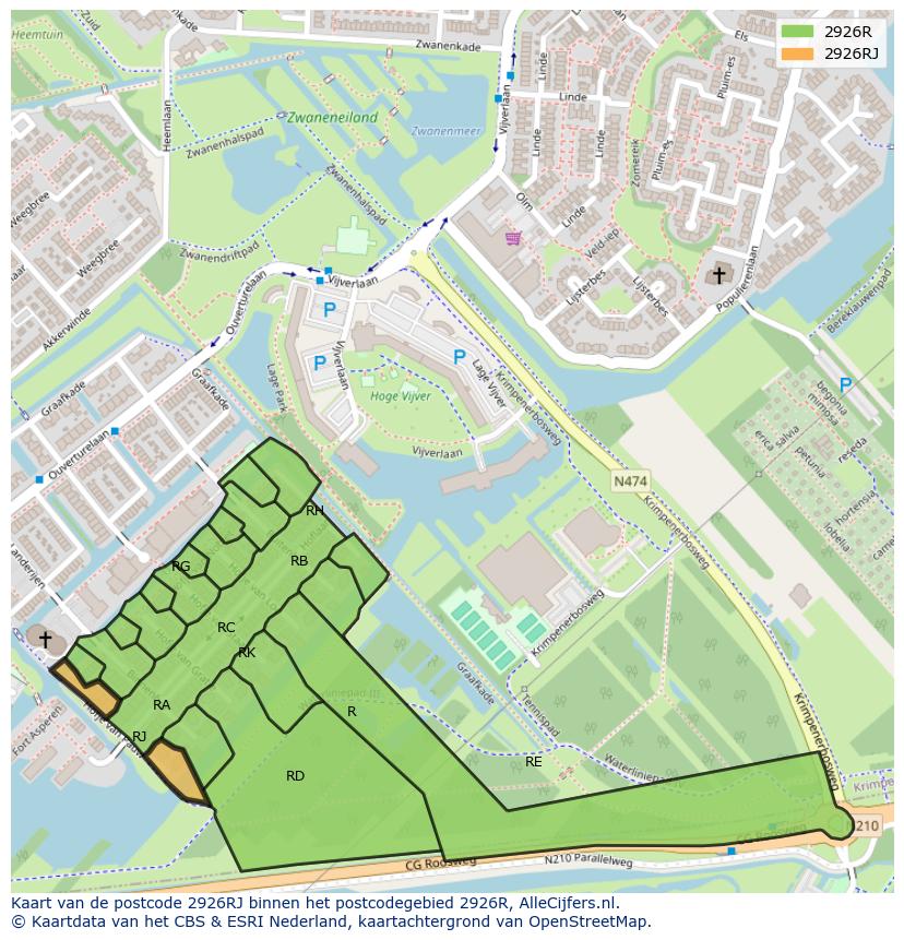 Afbeelding van het postcodegebied 2926 RJ op de kaart.