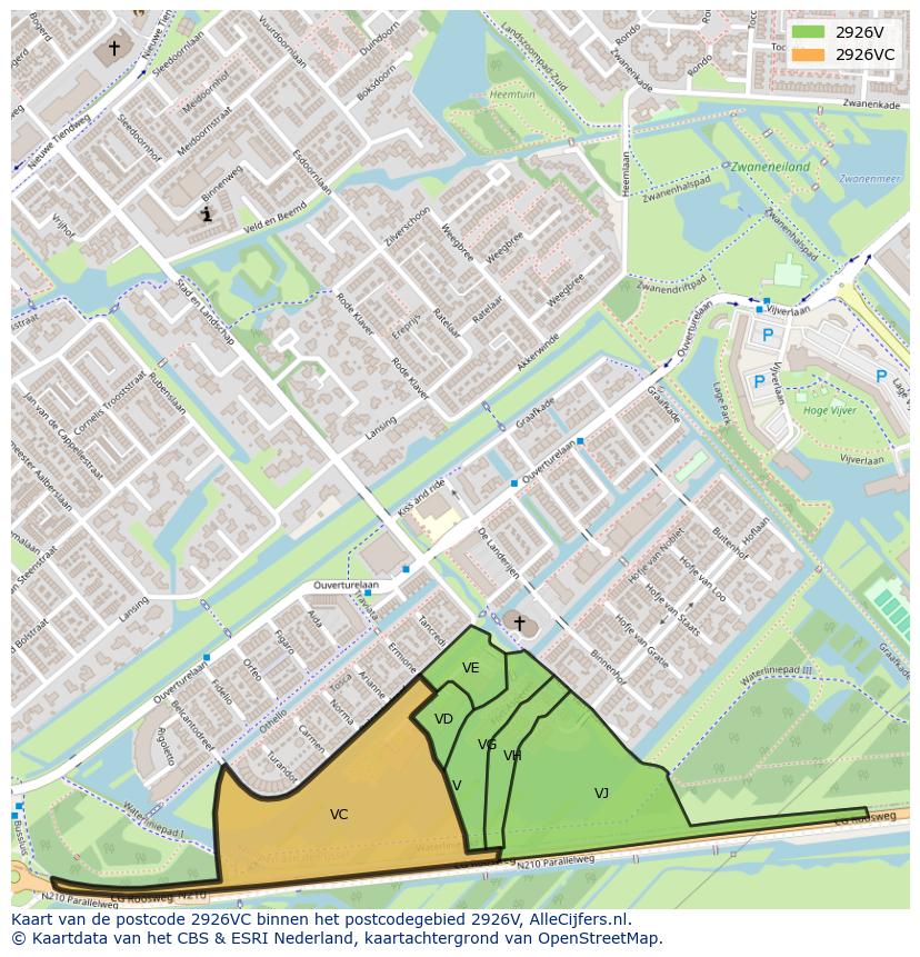 Afbeelding van het postcodegebied 2926 VC op de kaart.