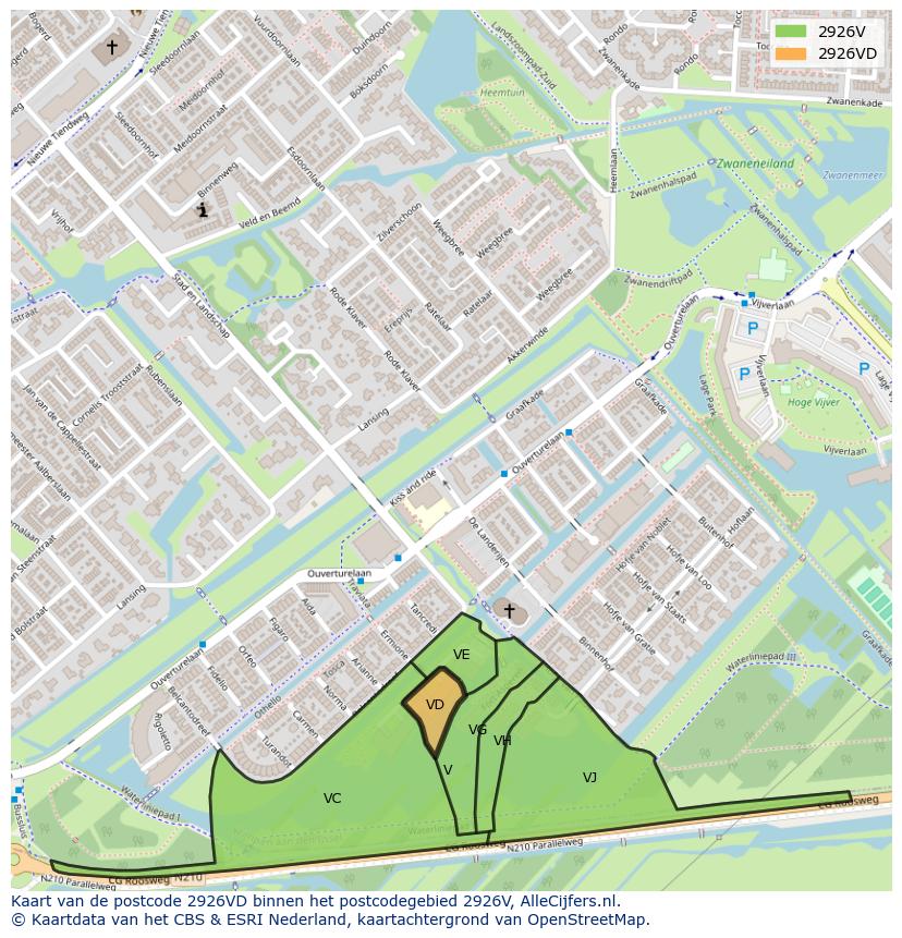Afbeelding van het postcodegebied 2926 VD op de kaart.
